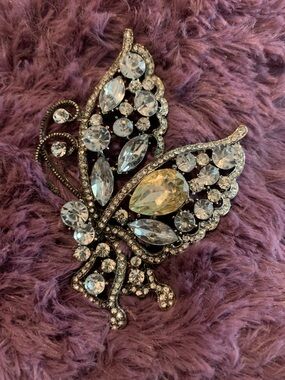 Crystal Butterfly Brooch - Clear and Gold Rhinestone Accent